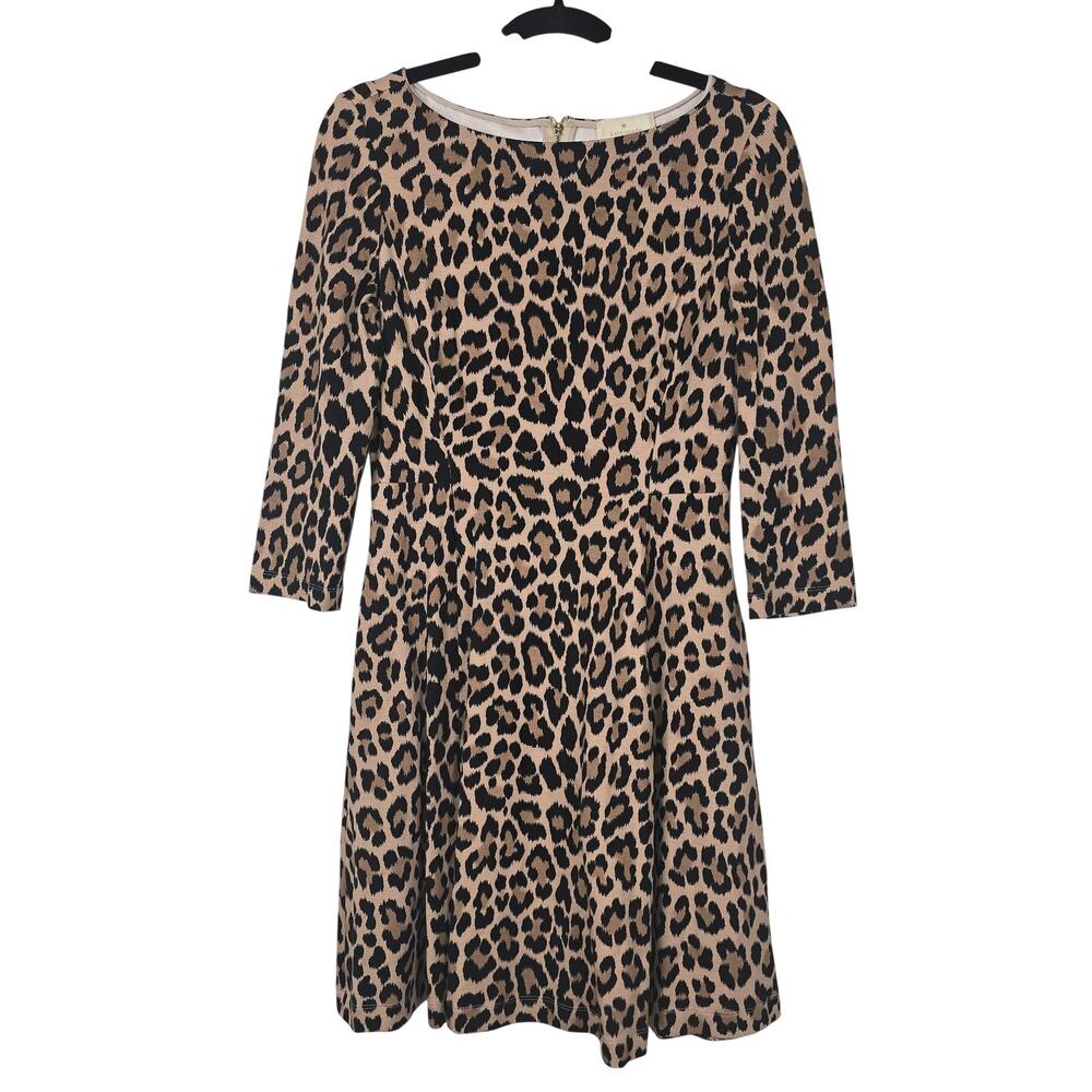 Kate Spade Dress Womens 4 Brown Leopard Knit Fit Flare 3/4 Sleeve Party Cocktail